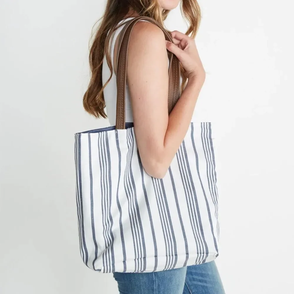 Three Cords x Marine Layer Reversible Tote in White/Blue Stripe